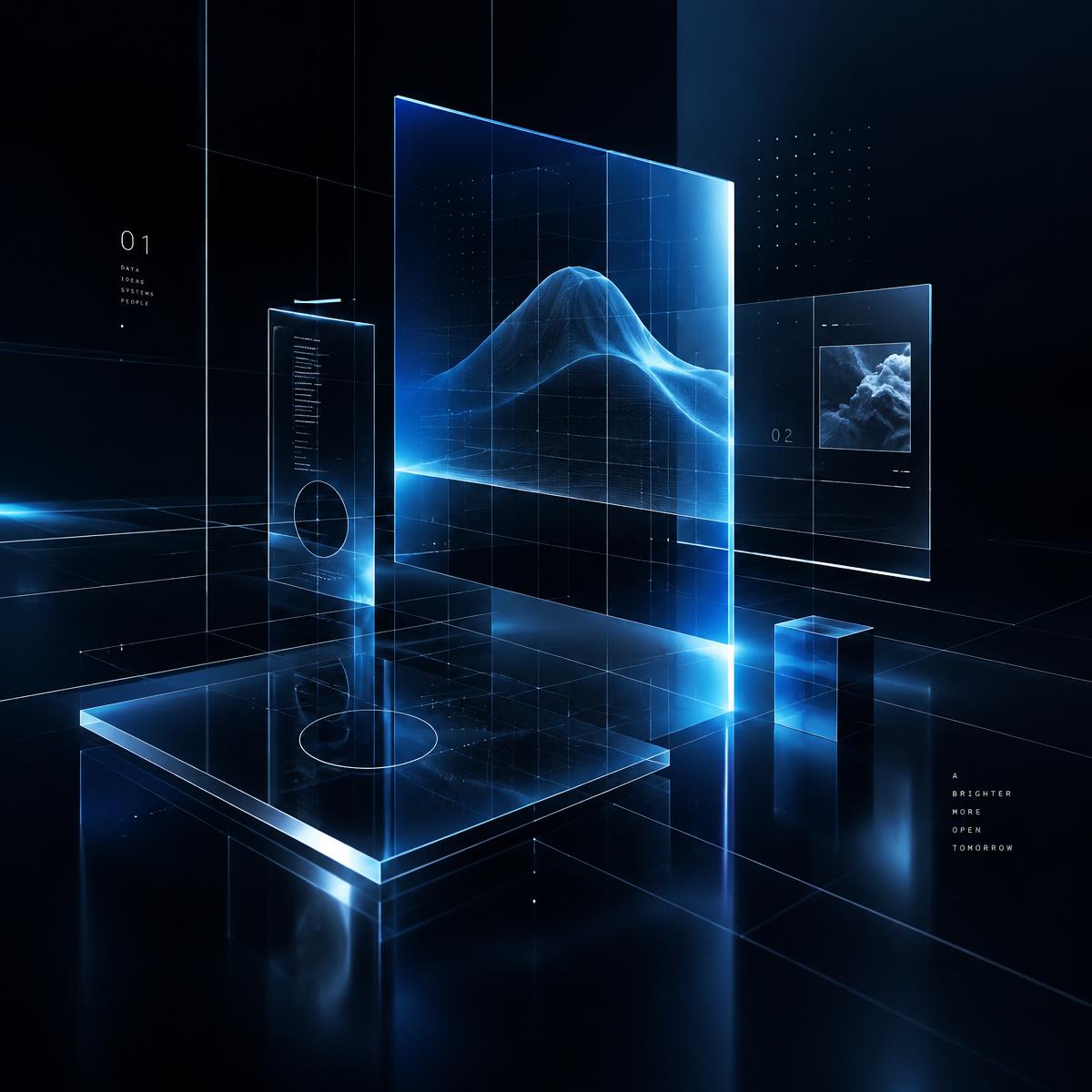 Composição abstrata de interfaces digitais com linhas geométricas e brilho azul